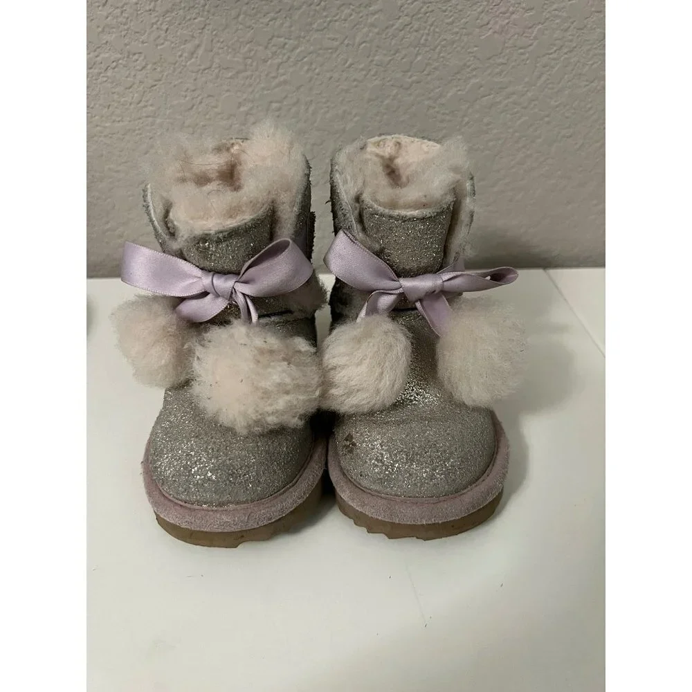 UGG | Metallic Glitter Boots Pom‎ Pom Pink Trim Sz 6 Girls